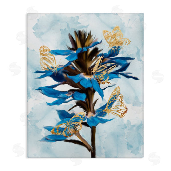 stupell industries Ziwei Li | Blue Tropical Floral Blooming Gold Butterfly Outlines