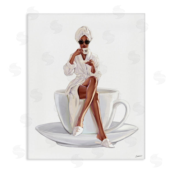 stupell industries Ziwei Li | Chic Coffee Teacup Woman Sipping Robe Sunglasses Wall Art