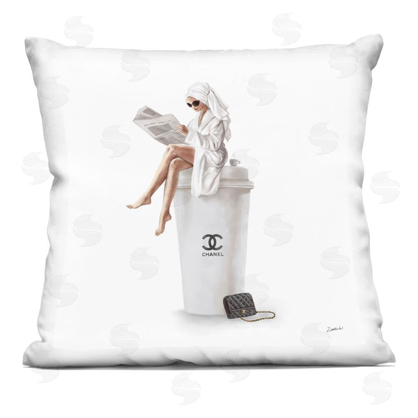 stupell industries Ziwei Li | Chic Fashion Coffee & Purse Female Wearing Robe Printed Throw Pillow