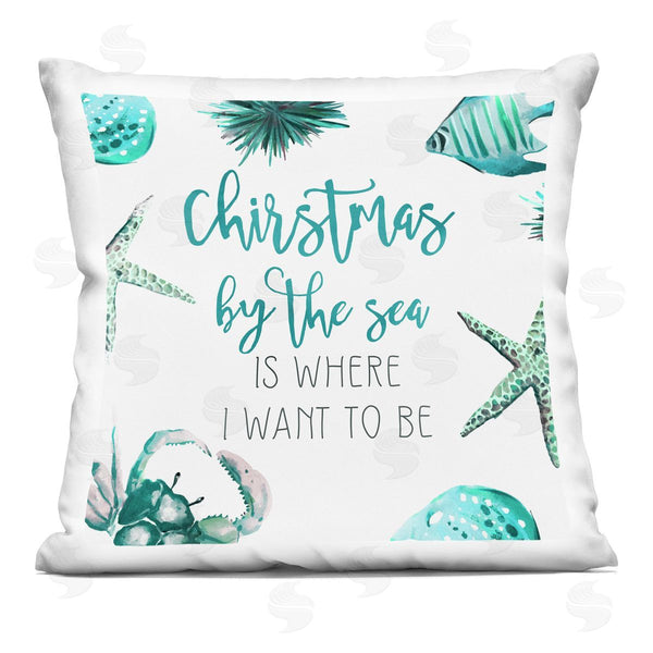 stupell industries Ziwei Li | Christmas By The Sea Teal Phrase Printed Throw Pillow