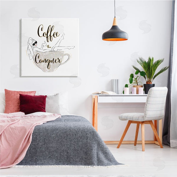 Stupell Industries Ziwei Li | Coffee Then Conquer Phrase Glam Fashion Female Mug Wall Art