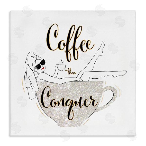 stupell industries Ziwei Li | Coffee Then Conquer Phrase Glam Fashion Female Mug Wall Art