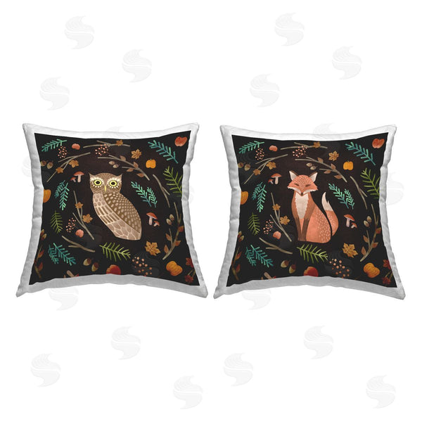stupell industries Ziwei Li | Cozy Autumn Botanicals Owl & Fox Woodland Creatures Printed Throw Pillow Set