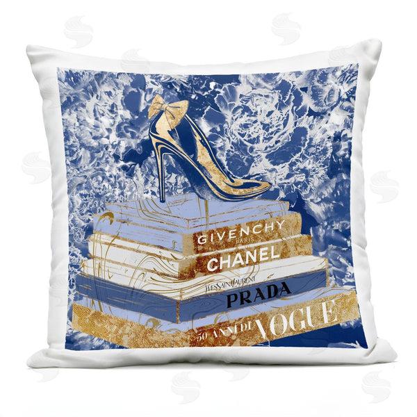 Stupell Industries Ziwei Li | Designer Glitz Heel On Books Fashion Glam Blue Printed Throw Pillow
