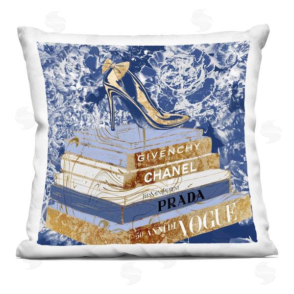 stupell industries Ziwei Li | Designer Glitz Heel on Books Fashion Glam Blue Printed Throw Pillow