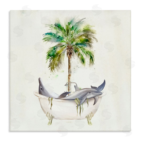 stupell industries Ziwei Li | Dolphins in Bath Tub Palm Tree Wall Art