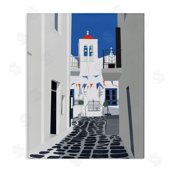 stupell industries Ziwei Li | European Coastal City Street White Blue Architecture