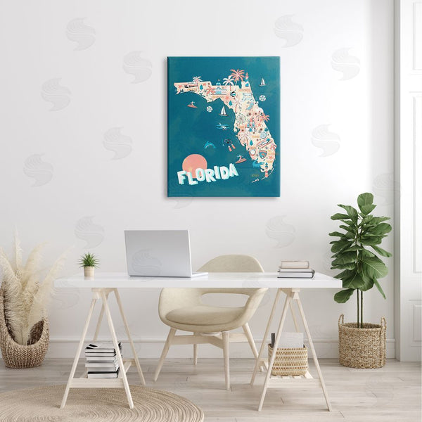 Stupell Industries Ziwei Li | Florida Sunny State Retro Vacation Tourism Vivid Map Wall Art
