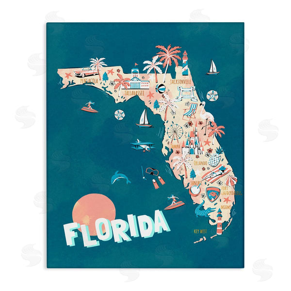 stupell industries Ziwei Li | Florida Sunny State Retro Vacation Tourism Vivid Map Wall Art