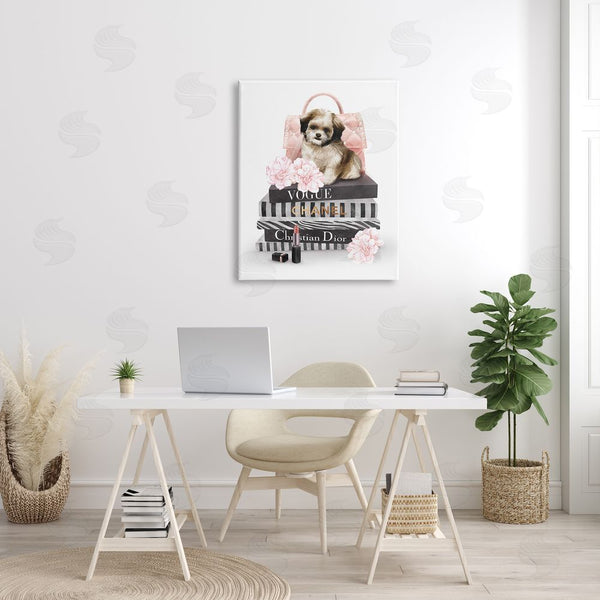 Stupell Industries Ziwei Li | Fluffy Puppy On Fashion Books Pink Florals Wall Art