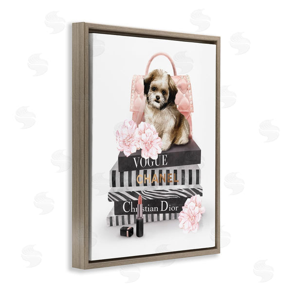 Stupell Industries Ziwei Li | Fluffy Puppy On Fashion Books Pink Florals Wall Art