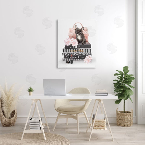 Stupell Industries Ziwei Li | French Bulldog Pink Peonies Glam Fashion Bookstack Wall Art