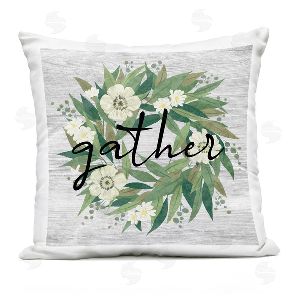 Stupell Industries Ziwei Li | Gather Calligraphy Rustic Flower Wreath Printed Throw Pillow