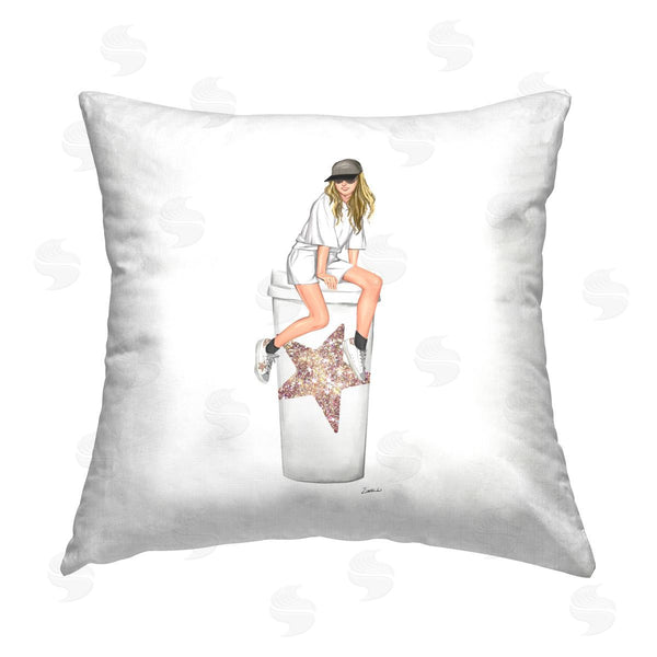 stupell industries Ziwei Li | Girl Sitting Glam Coffee Cup Printed Throw Pillow