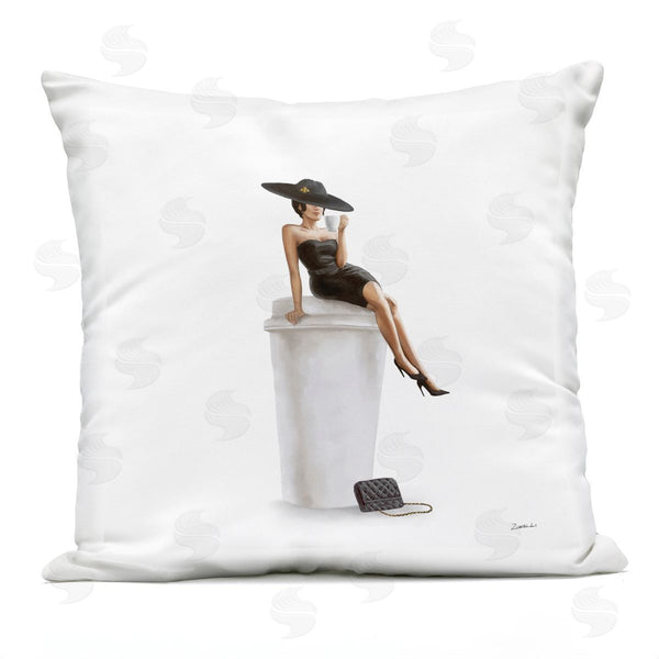 Stupell Industries Ziwei Li | Glam Fashion Woman Sipping Coffee Chic Dress Printed Throw Pillow