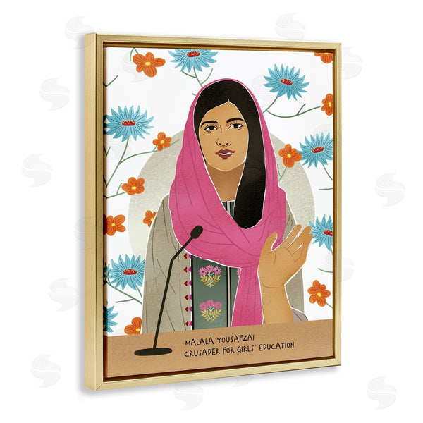 Stupell Industries Ziwei Li | Malala Speech Over Blue Orange Florals Female Icon