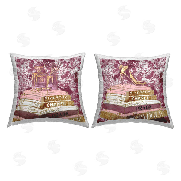 Stupell Industries Ziwei Li | Pink Fashion Glam Book Stacks Perfume Heel Printed Throw Pillow Set