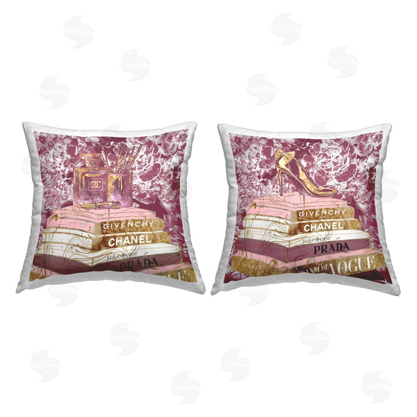 stupell industries Ziwei Li | Pink Fashion Glam Book Stacks Perfume Heel Printed Throw Pillow Set