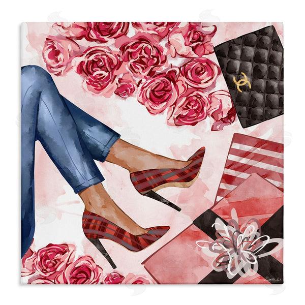stupell industries Ziwei Li | Red Plaid Heels Pink Florals Wrapped Presents