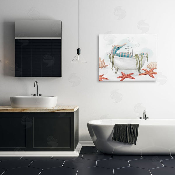 Stupell Industries Ziwei Li | Seahorse Resting Nautical Bath Tub Starfish Bubbles Wall Art