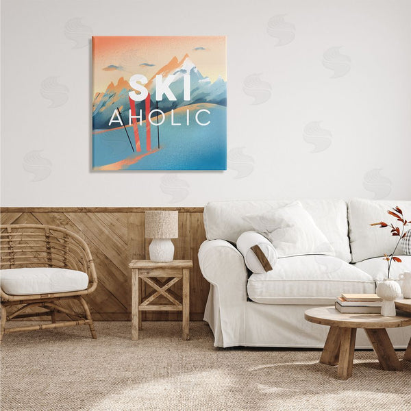 Stupell Industries Ziwei Li | Ski-Aholic Phrase Sunset Snowy Blue Mountains Winter Sport Wall Art