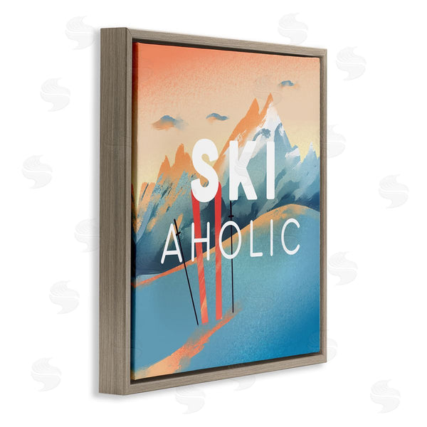 Stupell Industries Ziwei Li | Ski-Aholic Phrase Sunset Snowy Blue Mountains Winter Sport Wall Art