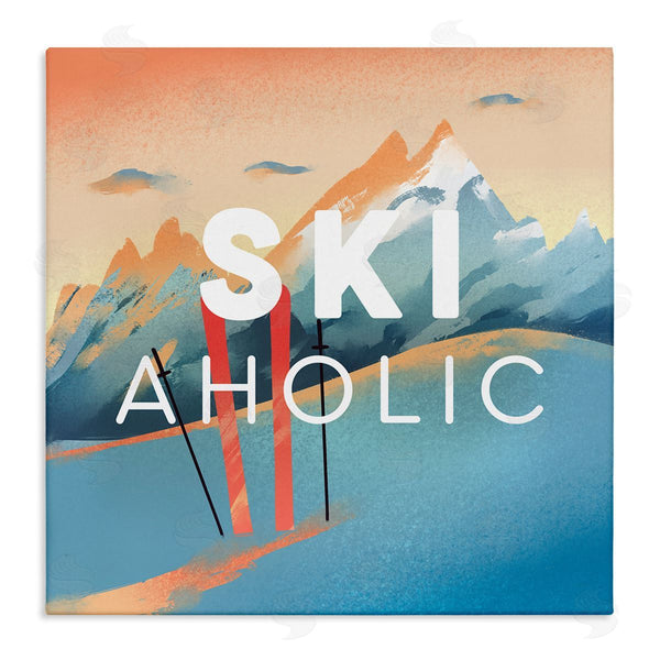 stupell industries Ziwei Li | Ski-Aholic Phrase Sunset Snowy Blue Mountains Winter Sport Wall Art