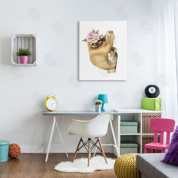 Stupell Industries Ziwei Li | Smiling Sloth Chic Pink Floral Crown Wild Animal Wall Art