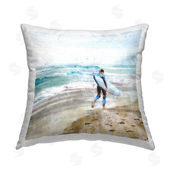 Stupell Industries Ziwei Li | Surfer Beach Shore Sea Waves Printed Throw Pillow