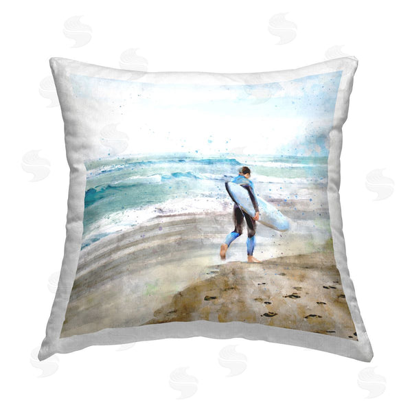 stupell industries Ziwei Li | Surfer Beach Shore Sea Waves Printed Throw Pillow