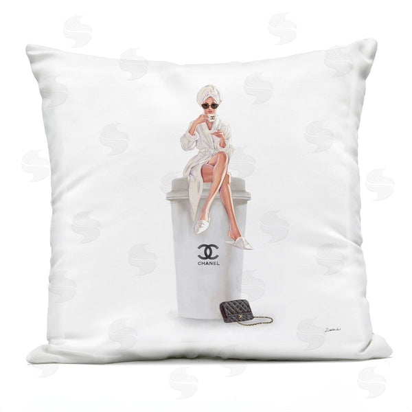 Stupell Industries Ziwei Li | Trendy Fashion Woman Sipping Morning Coffee Printed Throw Pillow