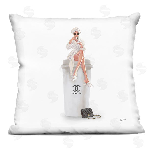 stupell industries Ziwei Li | Trendy Fashion Woman Sipping Morning Coffee Printed Throw Pillow