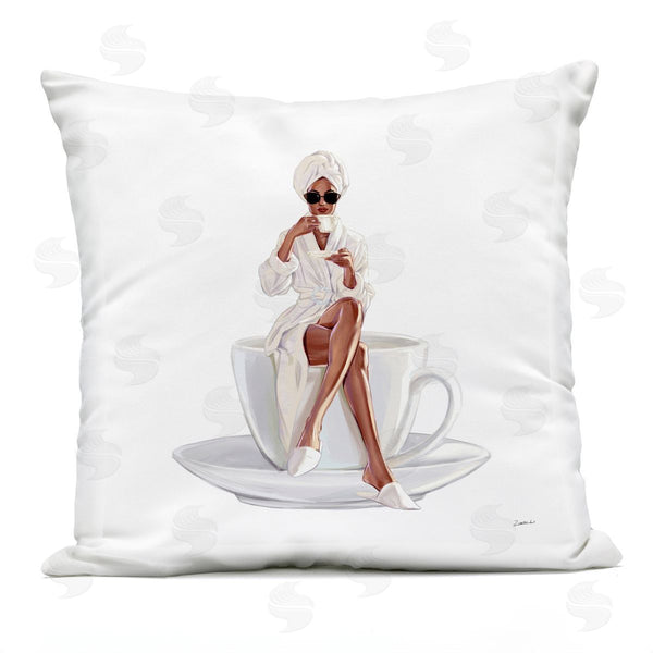 Stupell Industries Ziwei Li | Trendy Woman In Bathrobe Sitting Coffee Cup Printed Throw Pillow