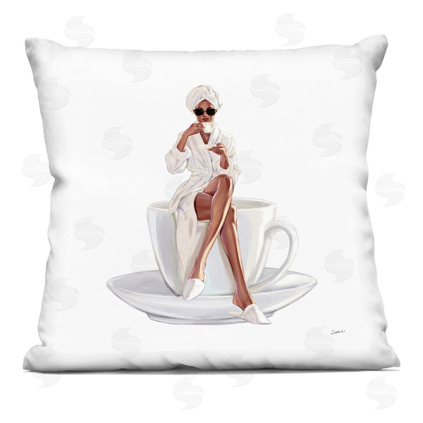 stupell industries Ziwei Li | Trendy Woman in Bathrobe Sitting Coffee Cup Printed Throw Pillow
