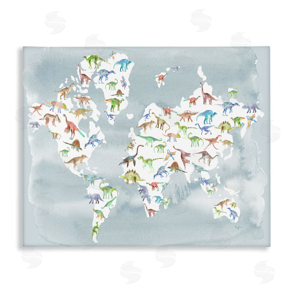 stupell industries Ziwei Li | Watercolor World Map with Dinosaur Reptile Pattern Wall Art