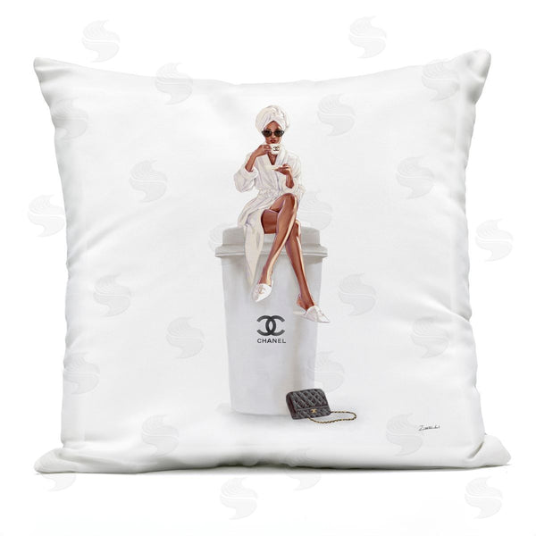 Stupell Industries Ziwei Li | Woman Sitting Upscale Brand Fashion Coffee Cup Printed Throw Pillow