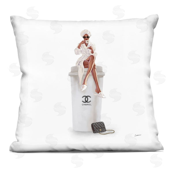 stupell industries Ziwei Li | Woman Sitting Upscale Brand Fashion Coffee Cup Printed Throw Pillow