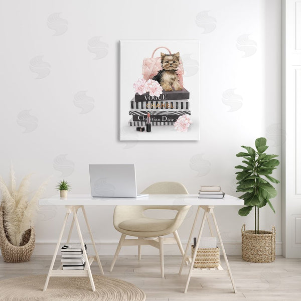 Stupell Industries Ziwei Li | Yorkie Puppy Glam Quilted Purse Fashion Bookstack Wall Art